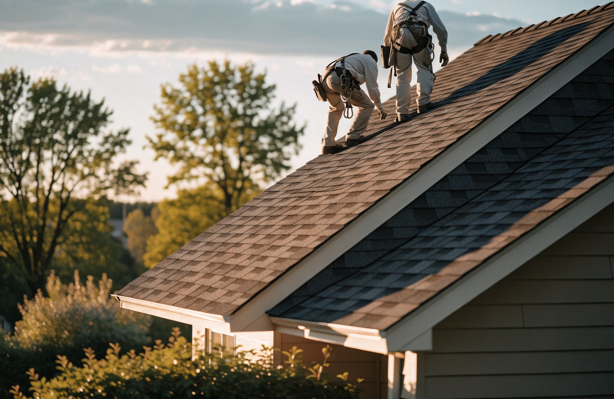 Two roofing contractors in harnesses installing architectural asphalt shingles on a suburban house at golden hour.