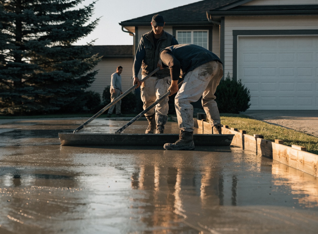A concrete crew finishing a freshly poured residential driveway with a bull float in soft morning light.