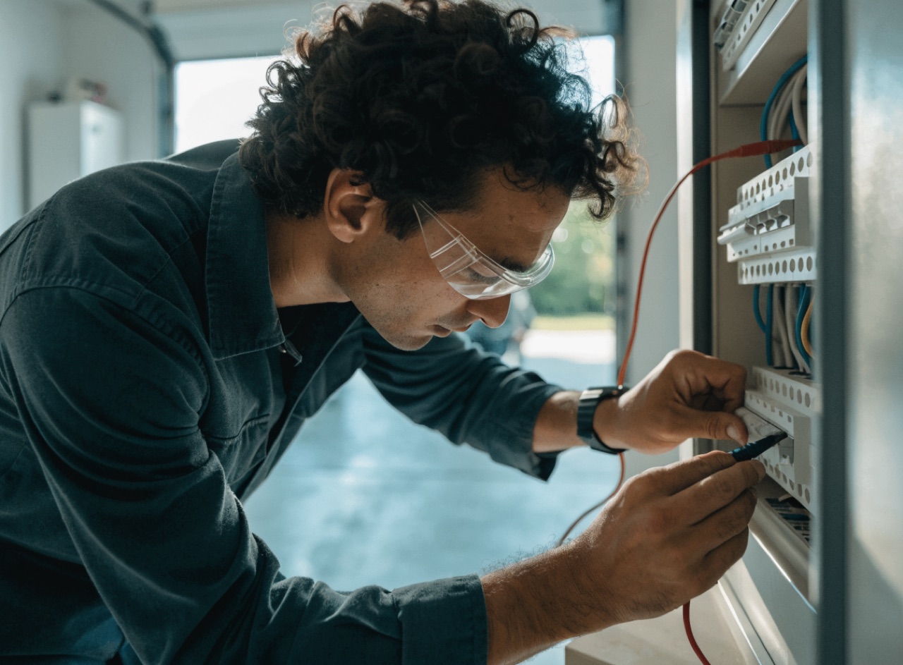 An electrician in safety glasses testing a breaker at an open residential electrical panel in a clean garage.