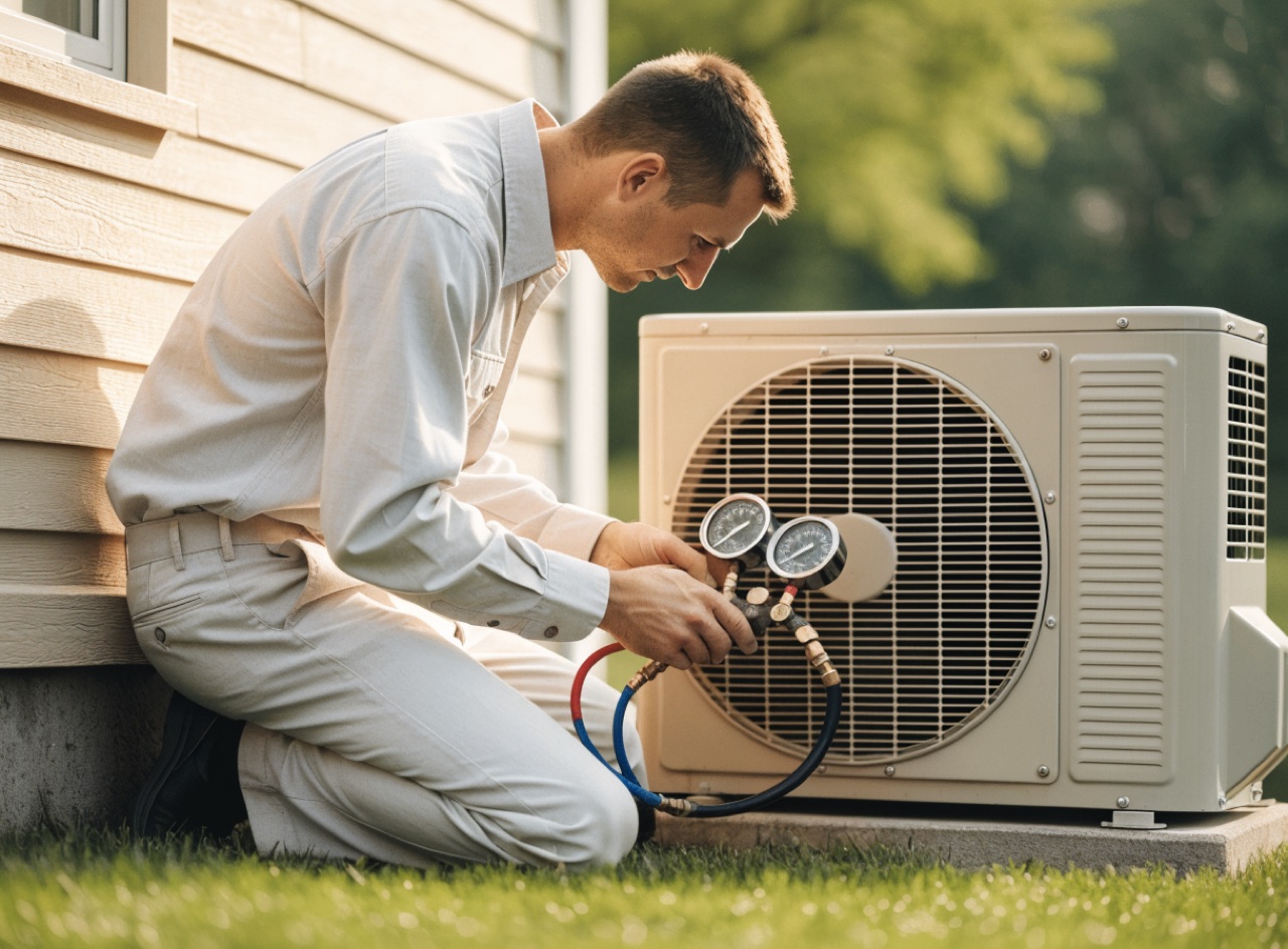 An HVAC technician kneeling beside an outdoor condenser unit at the side of a house, reading the gauges on a manifold set.
