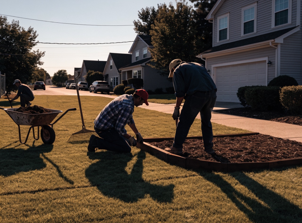 A landscaping crew edging a garden bed and spreading fresh mulch in the front yard of a suburban home at golden hour.