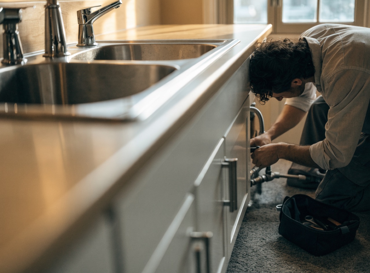 A plumber working under a kitchen sink with a wrench on a supply line, toolbag open on the floor beside him.