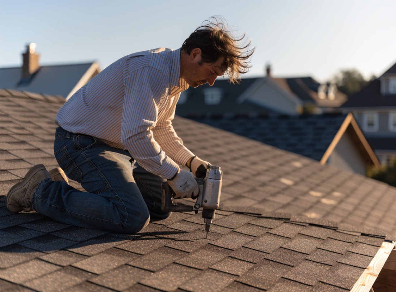 A roofing contractor kneeling on a residential roof, nail gun in hand, laying a course of charcoal asphalt shingles in late afternoon sun.