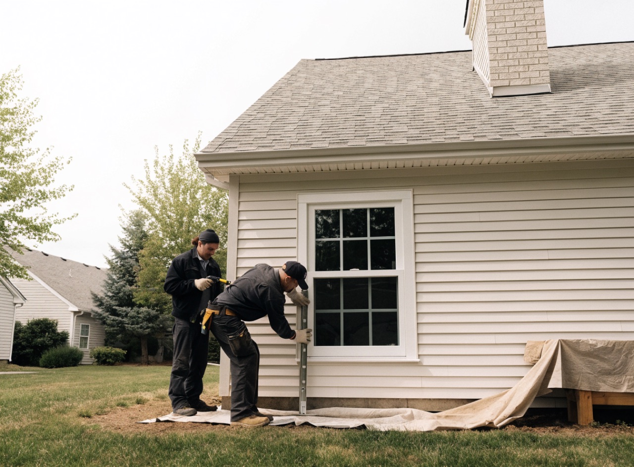 Two contractors fitting a new white replacement window into the wall of a suburban home, seen from the yard.